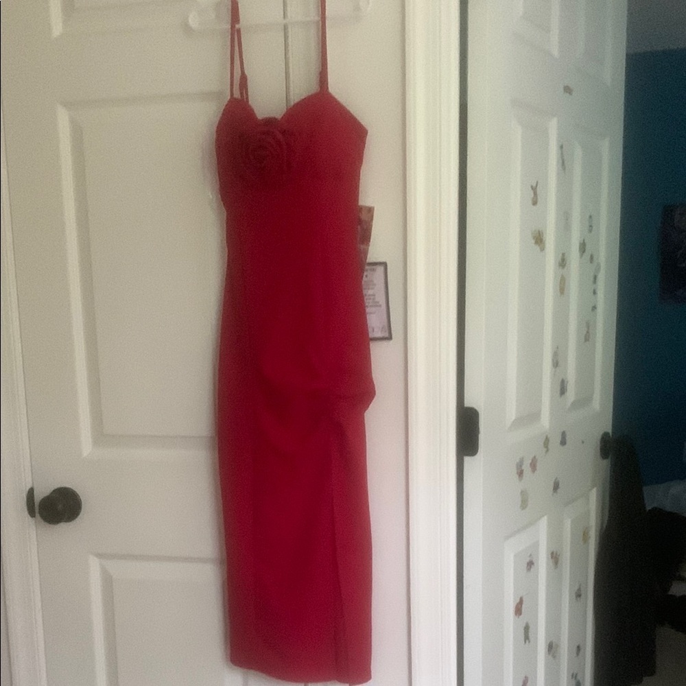 Red Spaghetti Strap Sheath Midi Dress